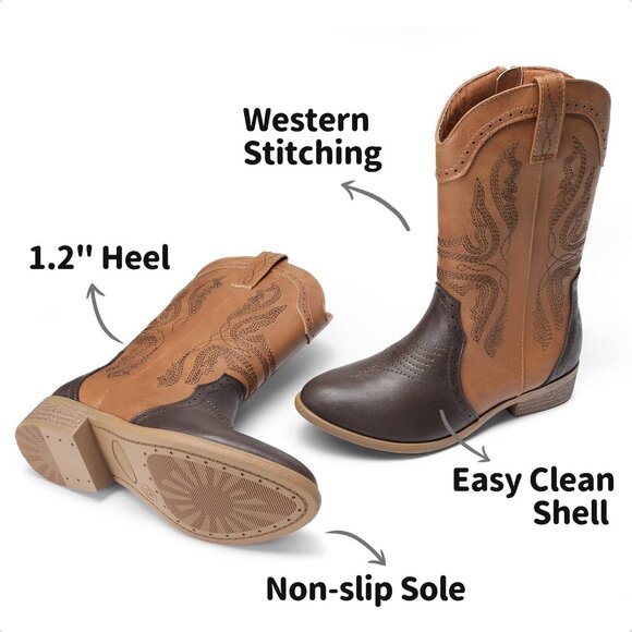 Kids Girls Tan/Brown Cowgirl Western Boots Mid Calf Horse Riding Booties Shoes - Picture 3 of 6
